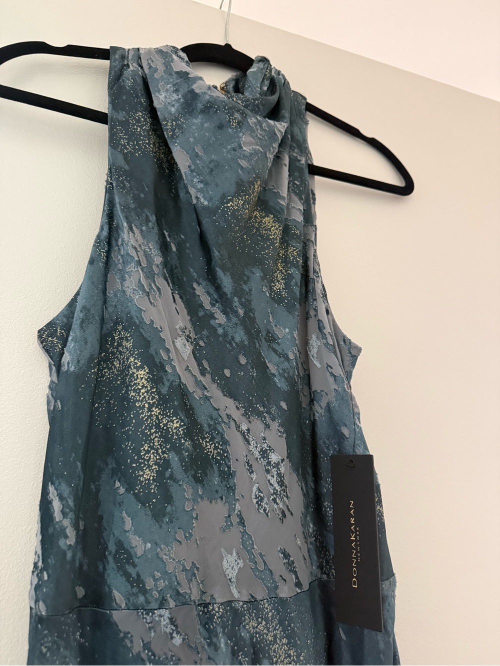 Donna Karan blue/ teal and Gold Sleeveless midi dress